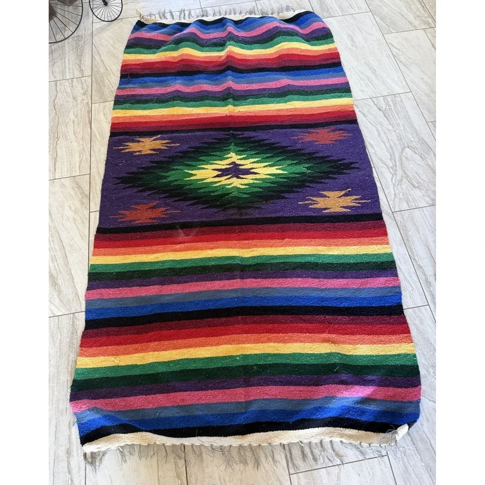 Authentic Handwoven Mexican Diamond Serape Blanket‎ Saltillo Rainbow Boho Throw